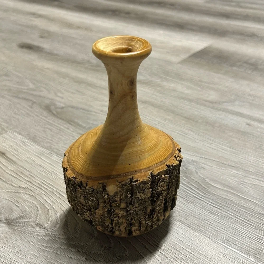 Hand Made Rustic Turned Wood Vase with Natural Bark 7